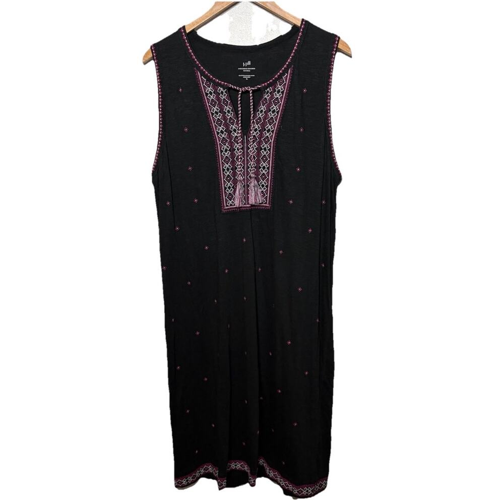 J.Jill Dress Embroidered Sleeveless Knit Black Aztec Tassel Tie Boho Summer XL